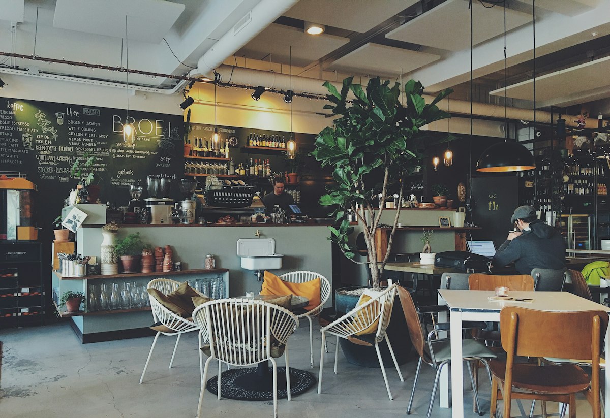 Bright café interior with tables and plants